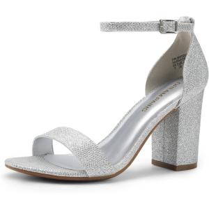 DREAM PAIRS Heels for Women Chunky Block Heel Open Toe Ankle Strap 3.5 Inch Heeled Sandals for Party Date Wedding(Silver)