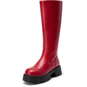 DREAM PAIRS Knee High Boots, Comfortable Chunky Platform Round-Toe Side Zip Boots for Women(Red)