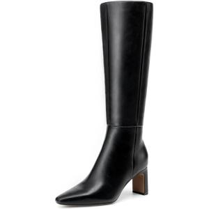 DREAM PAIRS Knee High Boots Women Chunky Block Heel Square Toe Side Zipper Tall Boots for Women(Black-pu)