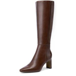 DREAM PAIRS Knee High Boots Women Chunky Block Heel Square Toe Side Zipper Tall Boots for Women(Brown-pu)