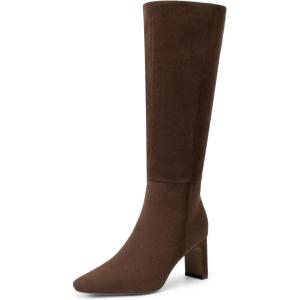 DREAM PAIRS Knee High Boots Women Chunky Block Heel Square Toe Side Zipper Tall Boots for Women(Brown-suede)