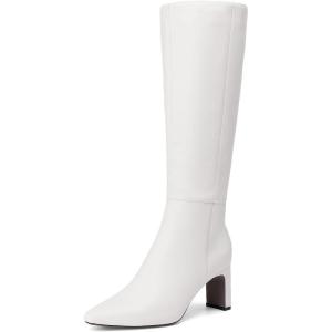 DREAM PAIRS Knee High Boots Women Chunky Block Heel Square Toe Side Zipper Tall Boots for Women(White)