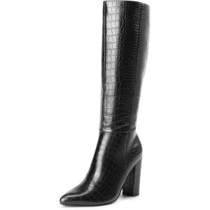 DREAM PAIRS Knee High Boots Women Chunky Heel Pointed Toe Tall Boots for Women Side Zipper Long Boots(Black-croco)