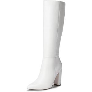 DREAM PAIRS Knee High Boots Women Chunky Heel Pointed Toe Tall Boots for Women Side Zipper Long Boots(White-pu)