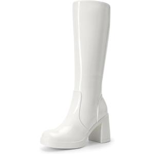 DREAM PAIRS Knee High Boots for Women Platform Square Toe Chunky Block Heeled Stylish Comfortable Tall Boots with Side Zipper(White-pat)
