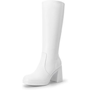 DREAM PAIRS Knee High Boots for Women Platform Square Toe Chunky Block Heeled Stylish Comfortable Tall Boots with Side Zipper(White-pu)