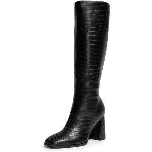 DREAM PAIRS Knee High Boots for Women Square Toe Gogo Chunky Heel with Side Zip(Black-croco)