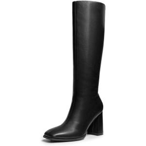 DREAM PAIRS Knee High Boots for Women Square Toe Gogo Chunky Heel with Side Zip(Black-pu)