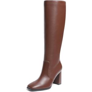 DREAM PAIRS Knee High Boots for Women Square Toe Gogo Chunky Heel with Side Zip(Brown)