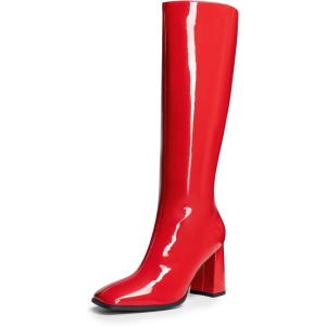 DREAM PAIRS Knee High Boots for Women Square Toe Gogo Chunky Heel with Side Zip(Red-pat)
