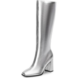 DREAM PAIRS Knee High Boots for Women Square Toe Gogo Chunky Heel with Side Zip(Silver-metal)
