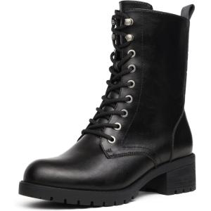 DREAM PAIRS Lace-up Combat Boots Mid-calf Military Winter Boot for Women(Black/Pu)