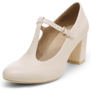 DREAM PAIRS Low Chunky Heels for Women T-Strap Mary Jane Pumps Wedding Dress Shoes(Nude/Pu)