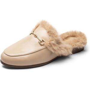 DREAM PAIRS Mules for Women Flats Comfortable Buckle Mules Slip on Slides Backless Loafers Shoes(Nude-fur)