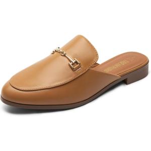DREAM PAIRS Mules for Women Flats Comfortable Buckle Mules Slip on Slides Backless Loafers Shoes(Tan-pu)