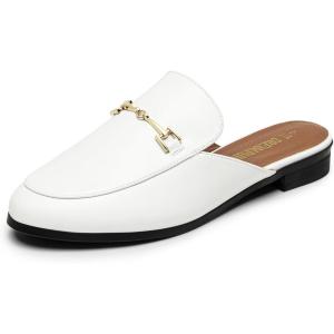 DREAM PAIRS Mules for Women Flats Comfortable Buckle Mules Slip on Slides Backless Loafers Shoes(White-pu)