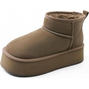 DREAM PAIRS Platform Winter Boots for Women Genuine Suede, Wide Toe Water Slip Resistant Ankle Mini Snow Boots Lined Fur with Lightweigt Memory Foam Insole Outdoor(Taupe)