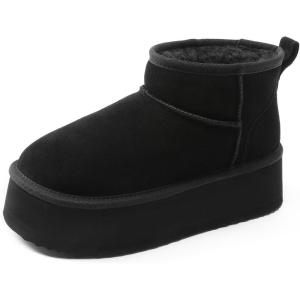 DREAM PAIRS Platform Winter Boots for Women Genuine Suede, Wide Toe Water Slip Resistant Ankle Mini Snow Boots Lined Fur with Lightweigt Memory Foam Insole Outdoor(Black)