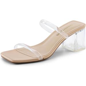 DREAM PAIRS Sandal Heels for Women Low Square Open Toe Block Chunky Heels Slip On Slides Mules for Party Homecoming Daily(Clear)