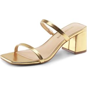 DREAM PAIRS Sandal Heels for Women Low Square Open Toe Block Chunky Heels Slip On Slides Mules for Party Homecoming Daily(Gold)