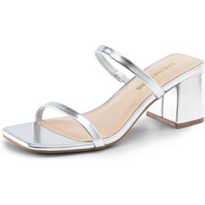 DREAM PAIRS Sandal Heels for Women Low Square Open Toe Block Chunky Heels Slip On Slides Mules for Party Homecoming Daily(Silver)