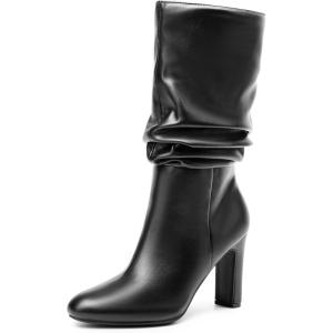 DREAM PAIRS Slouch Boots for Women Mid Calf, Women’s Fashion Almond Toe High Heel Fall Winter Dressy Boots(Black-pu)