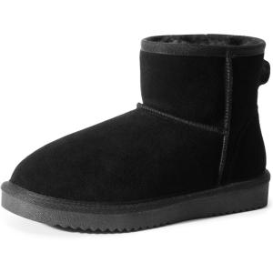 DREAM PAIRS Snow Boots for Women Genuine Suede Faux Fur Lining Anti-Slip Warm Winter Booties Slip On Memory Foam Ankle Boots FuzzyClassicⅡ Low Boots(Black)