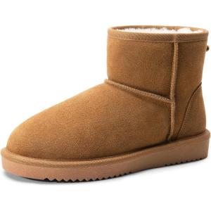 DREAM PAIRS Snow Boots for Women Genuine Suede Faux Fur Lining Anti-Slip Warm Winter Booties Slip On Memory Foam Ankle Boots FuzzyClassicⅡ Low Boots(Chestnut)