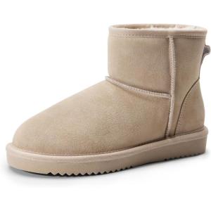 DREAM PAIRS Snow Boots for Women Genuine Suede Faux Fur Lining Anti-Slip Warm Winter Booties Slip On Memory Foam Ankle Boots FuzzyClassicⅡ Low Boots(Sand)