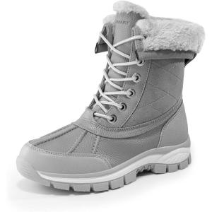 DREAM PAIRS Snow Boots for Women Waterproof Mid Calf Lace Up Duck Boots Warm Faux Fur FuzzyGo Bold Winter Boots for Outdoor(Light Grey)