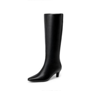 DREAM PAIRS Women Knee High Boots 2 Inch Kitten Heel Fashion Square Toe Wide Calf Long Boots(Black)
