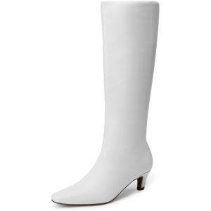 DREAM PAIRS Women Knee High Boots 2 Inch Kitten Heel Fashion Square Toe Wide Calf Long Boots(White)