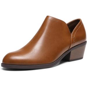 DREAM PAIRS Women’s Ankle Boots Fall Boots Leather Thick Heel Side Zip Women Low Chunky Heeled Booties(Brown-pu)