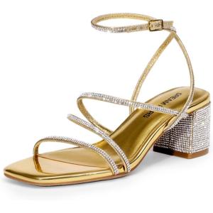 DREAM PAIRS Womens Block Heels 2 inch Strappy Square Toe Dressy Chunky Low Heeled Sandals for Party Wedding Evening(Gold-rhinestone)