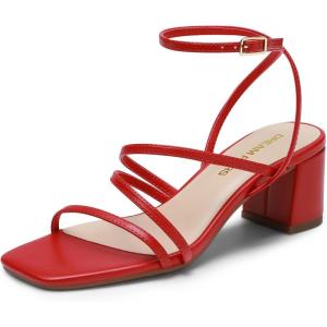 DREAM PAIRS Womens Block Heels 2 inch Strappy Square Toe Dressy Chunky Low Heeled Sandals for Party Wedding Evening(Red-pu)
