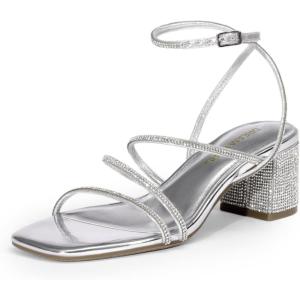 DREAM PAIRS Womens Block Heels 2 inch Strappy Square Toe Dressy Chunky Low Heeled Sandals for Party Wedding Evening(Silver-rhinestone)