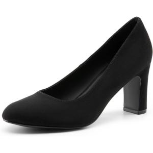 DREAM PAIRS Women’s Block Heels Closed Toe High Chunky Rounded Toe Pumps Comfortable Slip On Work Shoes(Black-suede)