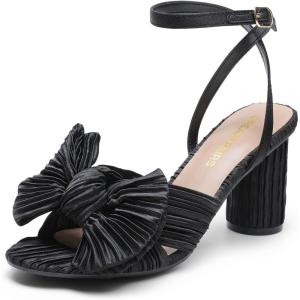 DREAM PAIRS Women’s Bow Knot Heeled Sandals Low Chunky Heels Open Toe Ankle Strap Slingback Dress Shoes for Wedding Bridal Party(Black)