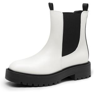 DREAM PAIRS Women’s Chelsea Ankle Boots Square Toe Fashion Low Heel Lug Sole Platform Fall Booties Shoes(White-pu)