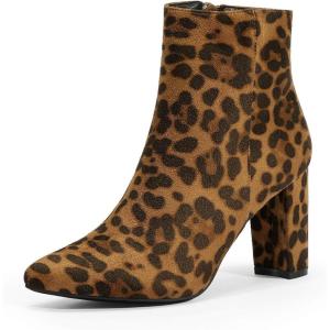 DREAM PAIRS Women’s Chunky Heel Ankle Booties Pointed Toe Short Boots(Leopard)