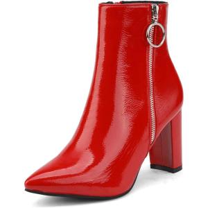 DREAM PAIRS Women’s Chunky Heel Ankle Booties Pointed Toe Short Boots(Red/Pat-3)