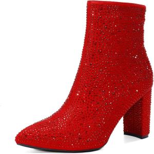 DREAM PAIRS Women’s Chunky Heel Ankle Booties Pointed Toe Short Boots(Red-rhinestone)