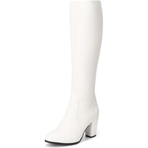DREAM PAIRS Women’s Chunky Heel Knee High Boots(White/Pu)