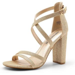 DREAM PAIRS Womens Chunky Heels 4 inch High Multi Strap Soft Comfort Block Heeled Sandals for Prom Dancing Wedding(Gold)