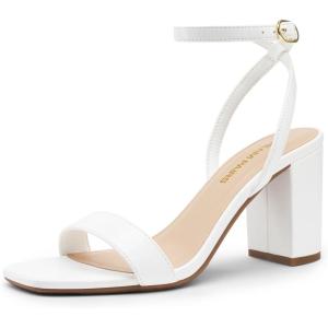 DREAM PAIRS Women’s Chunky Heels Square Open Toe Ankle Buckle Strappy Block Heeled Sandals for Party Wedding Daily(White-pu)