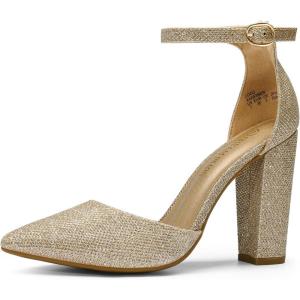 DREAM PAIRS Women’s Coco High Heels Chunky Block Pumps Pointed Closed Toe Ankle Strap Dress Shoes(Gold/Glitter)