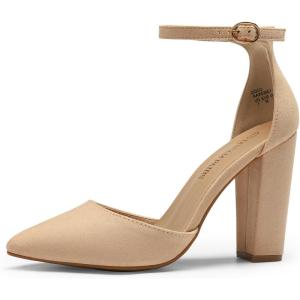 DREAM PAIRS Women’s Coco High Heels Chunky Block Pumps Pointed Closed Toe Ankle Strap Dress Shoes(Nude/Suede)