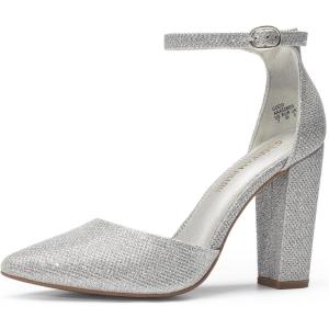 DREAM PAIRS Women’s Coco High Heels Chunky Block Pumps Pointed Closed Toe Ankle Strap Dress Shoes(Silver/Glitter)