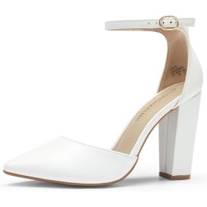 DREAM PAIRS Women’s Coco High Heels Chunky Block Pumps Pointed Closed Toe Ankle Strap Dress Shoes(White/Pu)