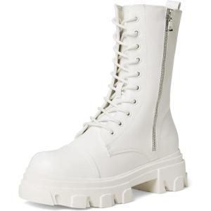 DREAM PAIRS Women’s Combat Boots Lace up Mid Calf Boots Low Heel Chunky Platform Lug Sole Riding Boots(White)